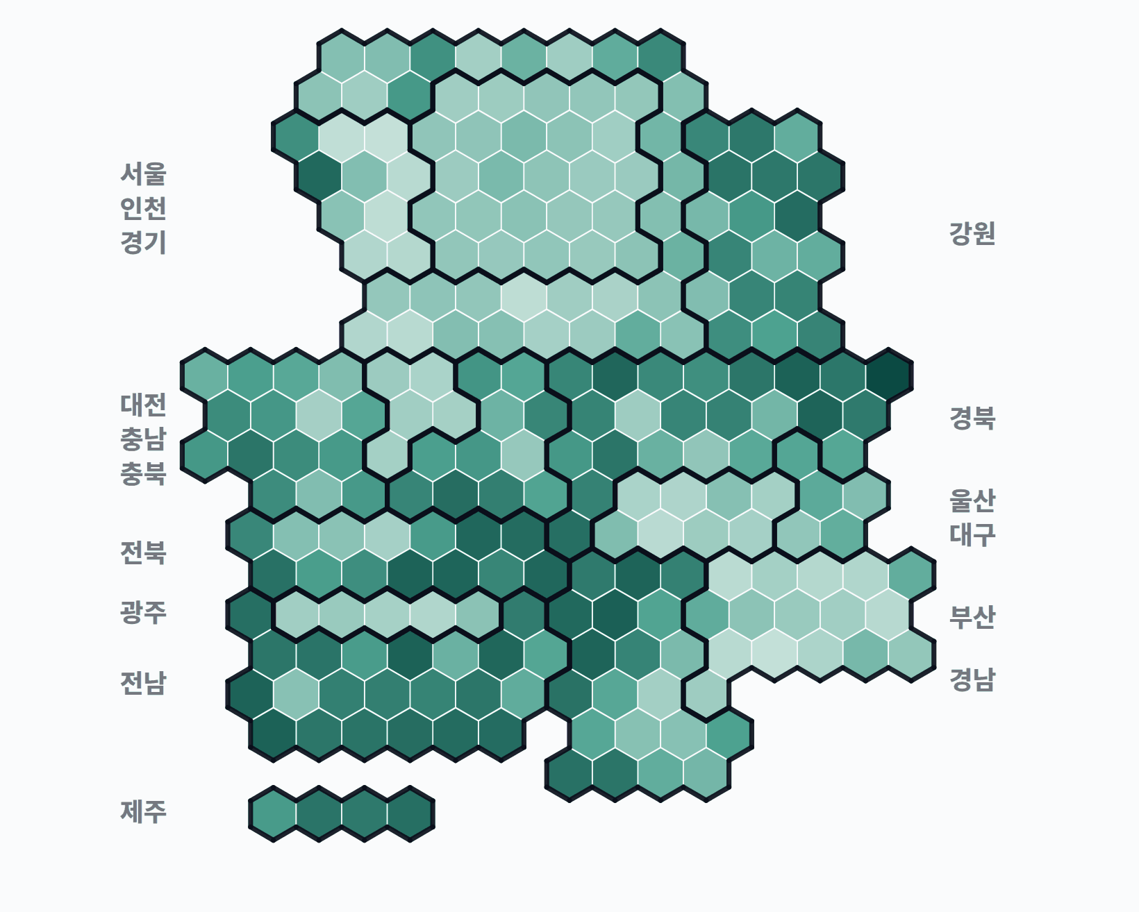 3회 지선 기초단체장 시군구 투표율 · 균등 — 시·군·구별 투표율(투표수/선거인수) — 짙을수록 높음. 균등=등면적 hex · 지도=실제 경계.