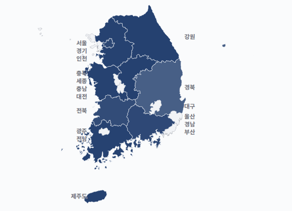 3대 대선 시도별 결과 · 지도 — 각 시·도 1위 후보 — 정당색·득표율.
