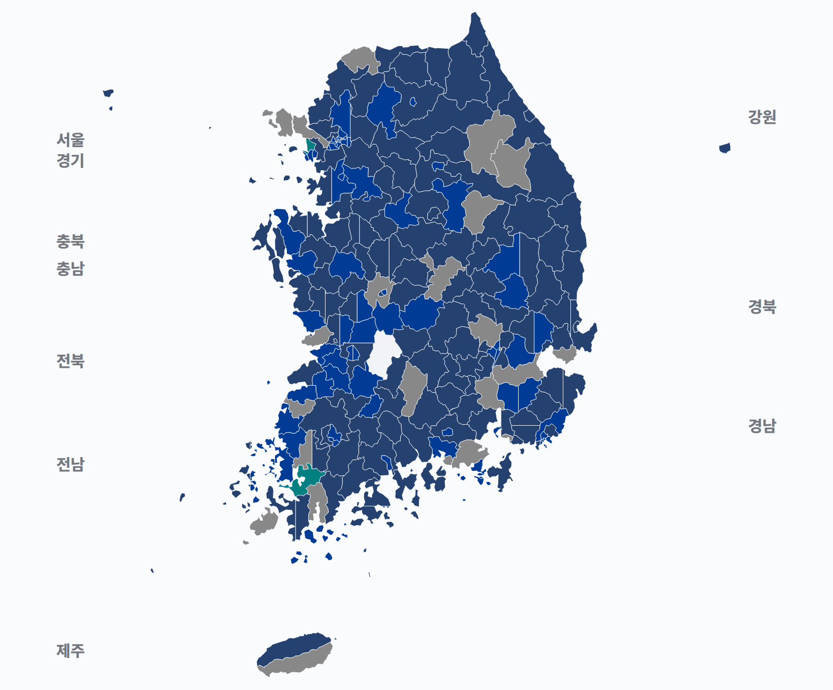 4대 총선 지역구 선거구별 1위 · 지도 — 선거구마다 당선자 정당색(승자독식). 균등=등면적 hex · 지도=실제 경계.