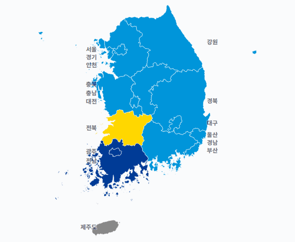 4회 지선 광역단체장 광역단체장 결과 · 지도 — 16개 시·도 — 1위 후보(정당색·득표율).