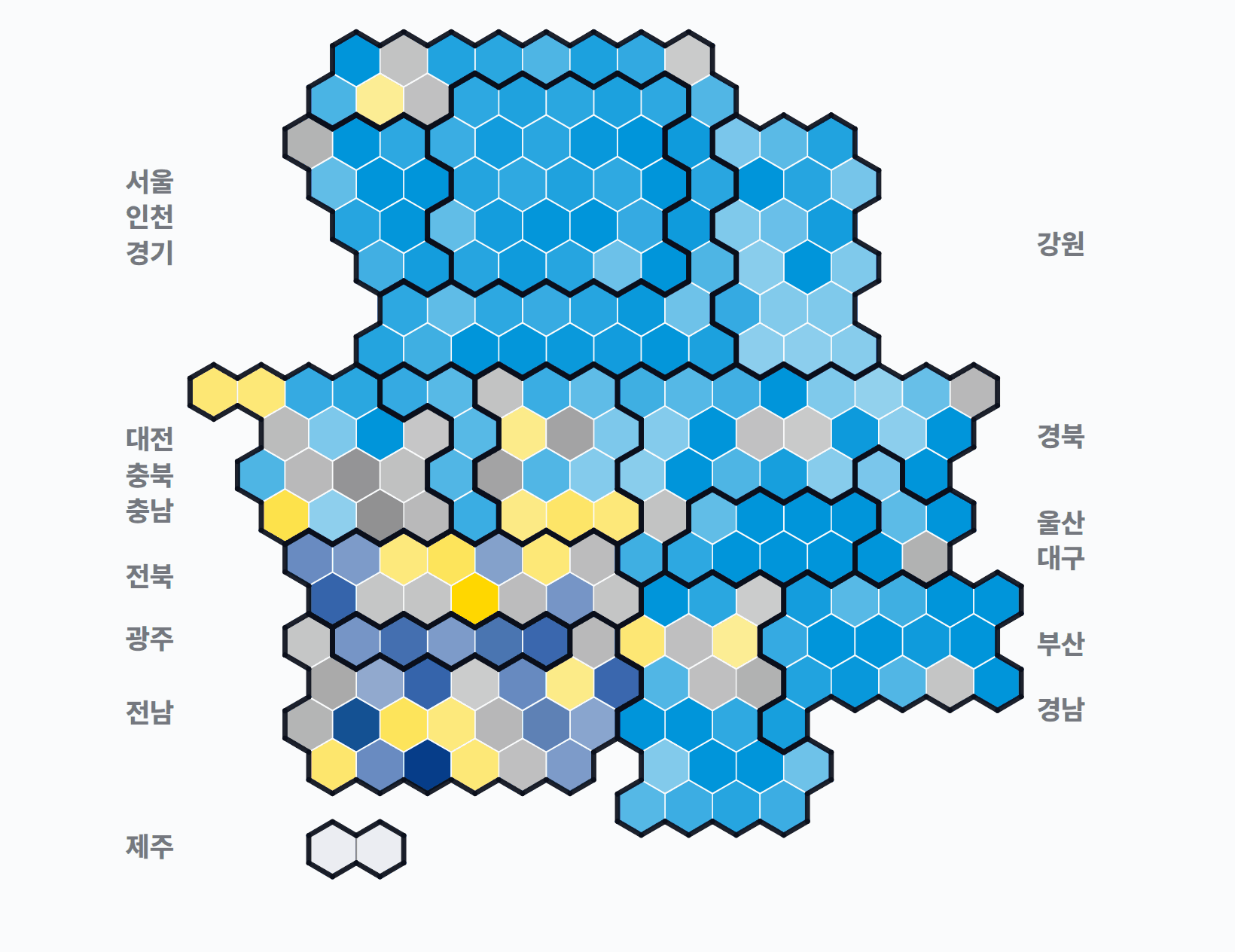 제4회 전국동시지방선거 시·군·구 기초단체장 · 단색 — 1위 후보 정당색. 단색·지도=격차 명도, 격자·원형=표(인구) 비례.