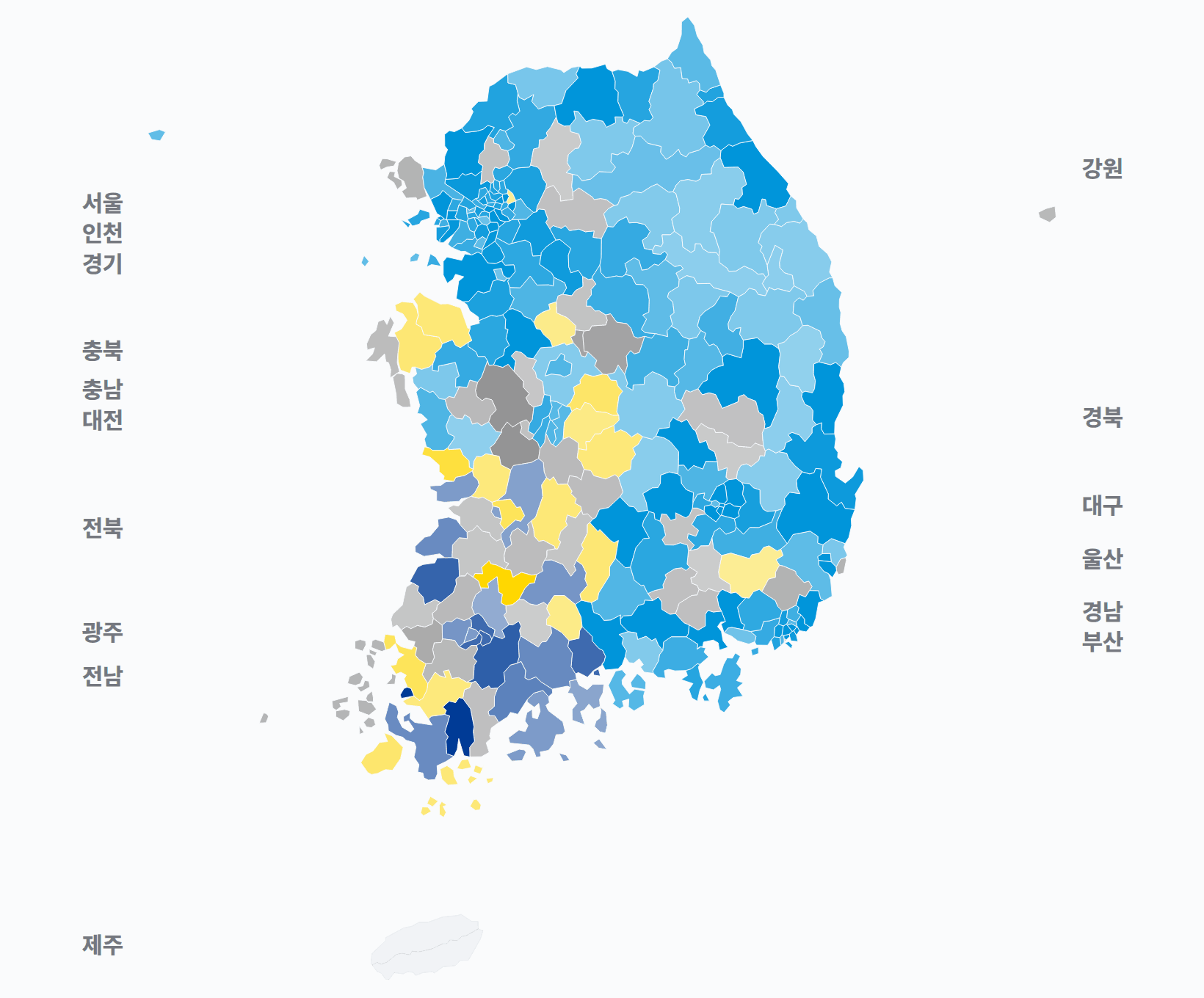 4회 지선 기초단체장 시·군·구 기초단체장 · 지도 — 1위 후보 정당색. 단색·지도=격차 명도, 격자·원형=표(인구) 비례.