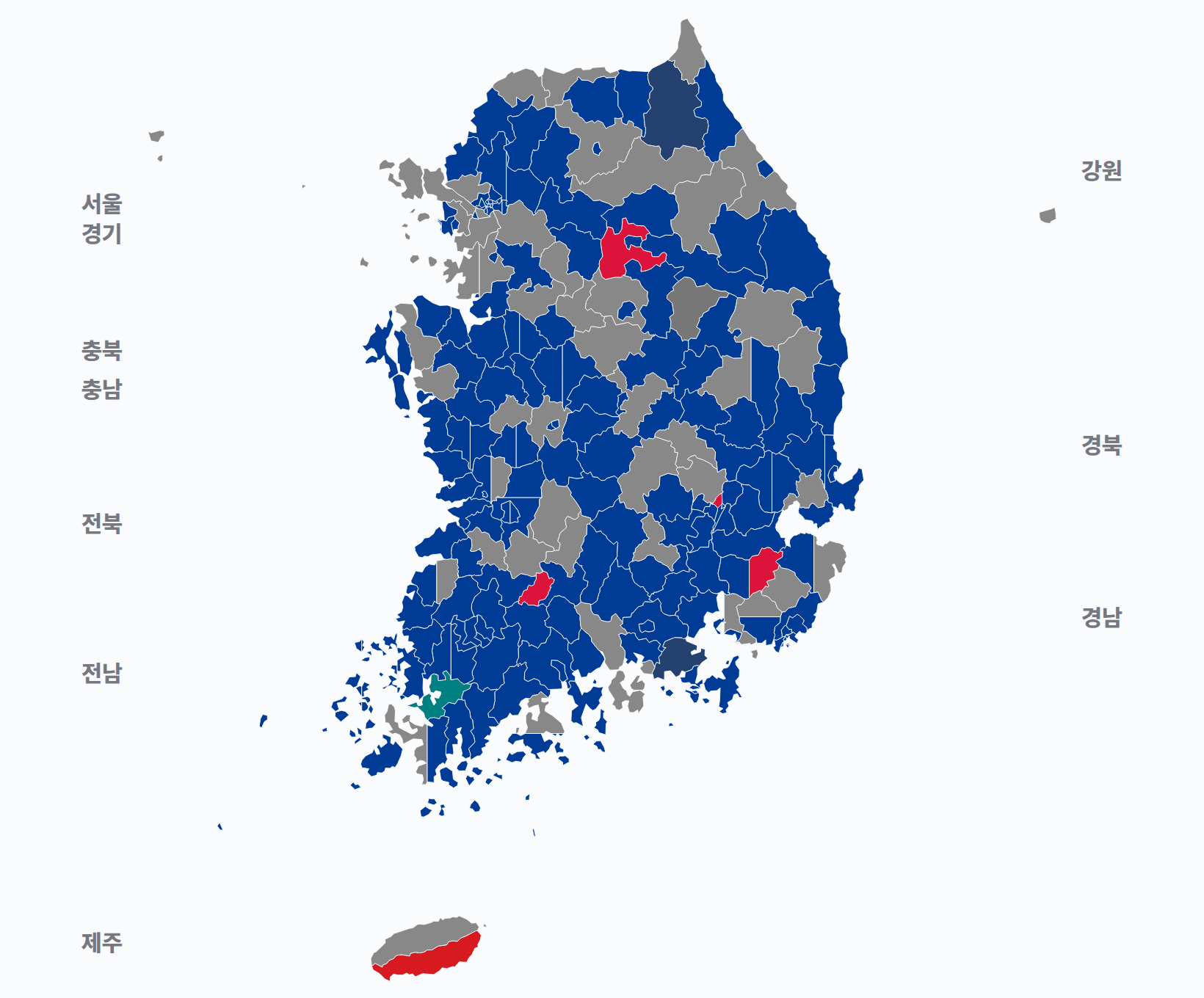 5대 총선 지역구 선거구별 1위 · 지도 — 선거구마다 당선자 정당색(승자독식). 균등=등면적 hex · 지도=실제 경계.