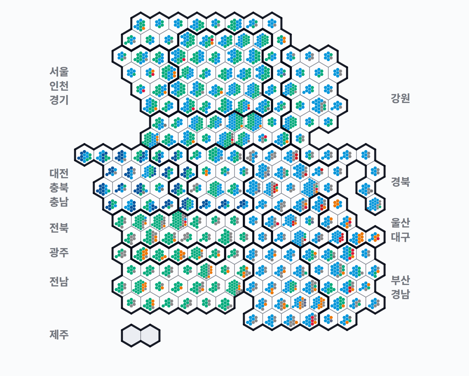 제5회 전국동시지방선거 시군구의회 의석 분포 — 시·군·구의회 의석(지역구+비례) — 칸 1개 = 1석, 색 = 정당.