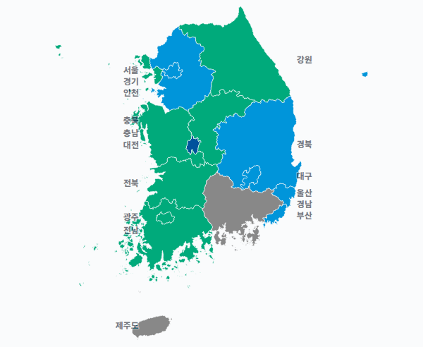 5회 지선 광역단체장 광역단체장 결과 · 지도 — 16개 시·도 — 1위 후보(정당색·득표율).