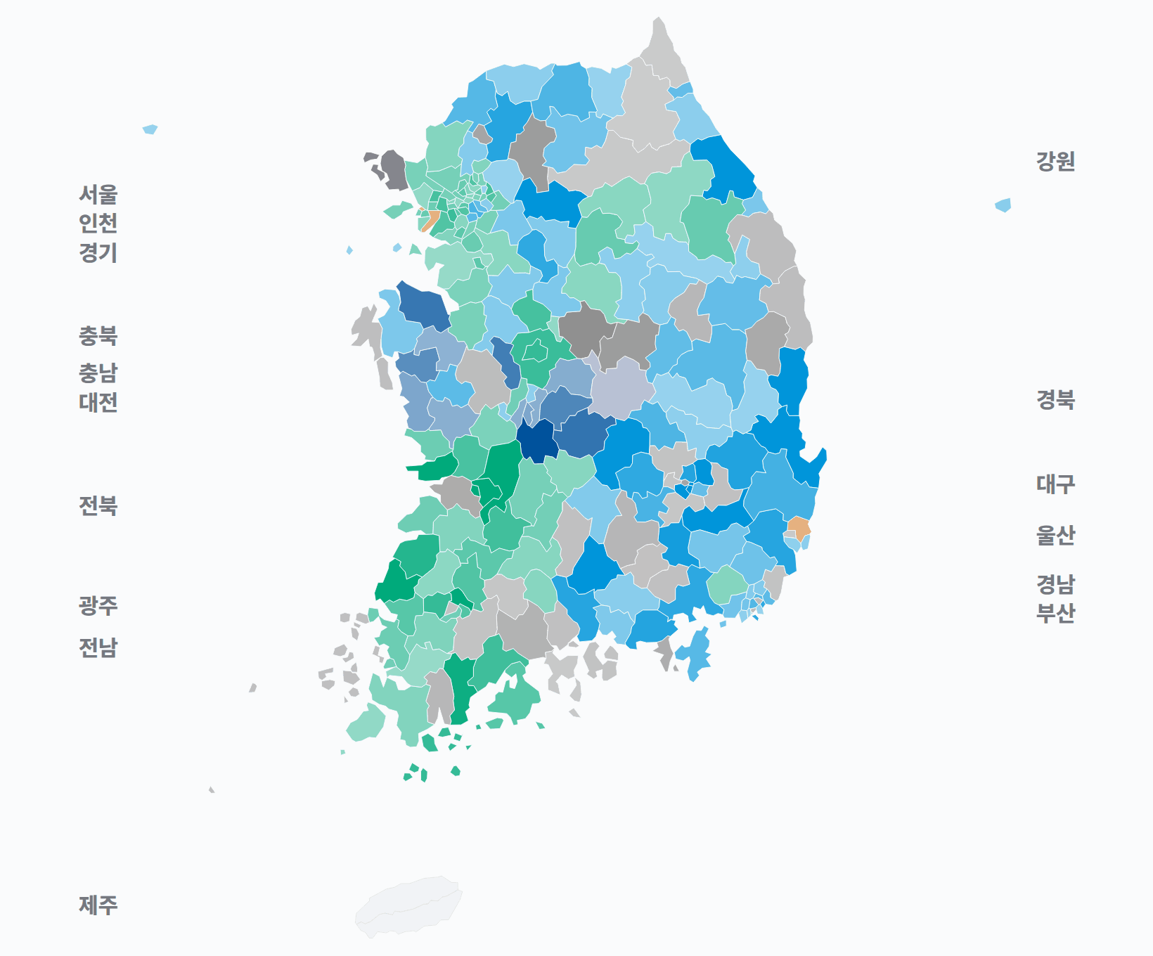 5회 지선 기초단체장 시·군·구 기초단체장 · 지도 — 1위 후보 정당색. 단색·지도=격차 명도, 격자·원형=표(인구) 비례.