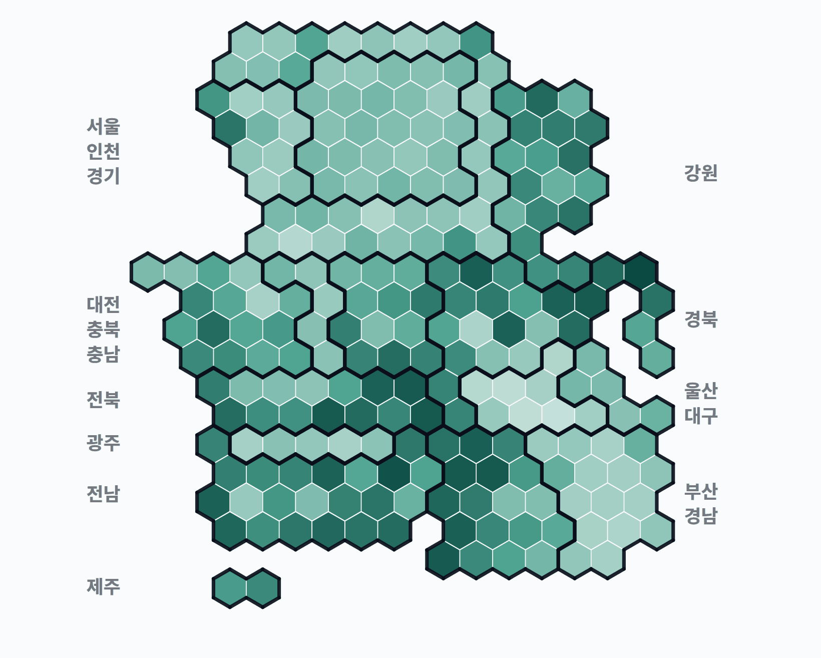 5회 지선 기초단체장 시군구 투표율 · 균등 — 시·군·구별 투표율(투표수/선거인수) — 짙을수록 높음. 균등=등면적 hex · 지도=실제 경계.