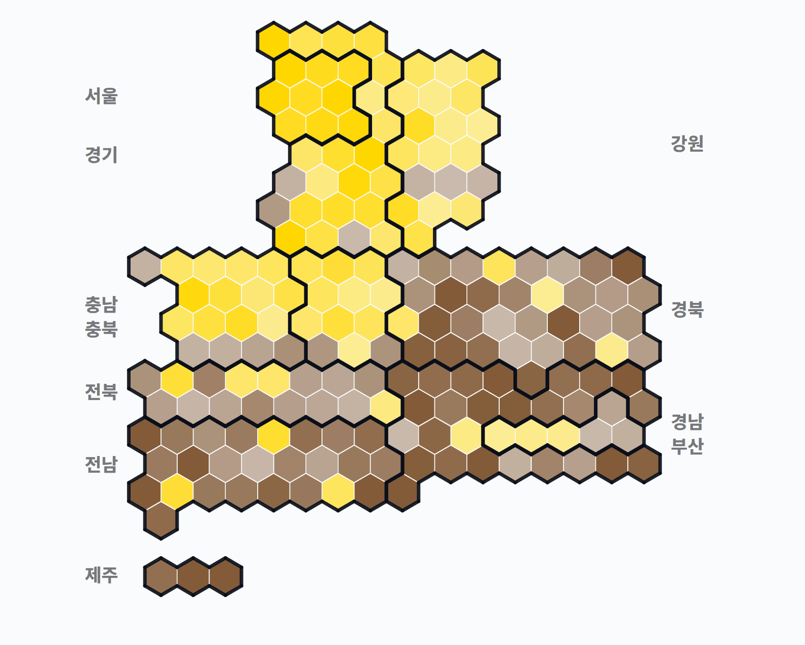 제5대 대통령선거 시·군·구 1위 후보 · 단색 — 1위 후보 정당색. 단색·지도=격차 명도, 격자·원형=표(인구) 비례.