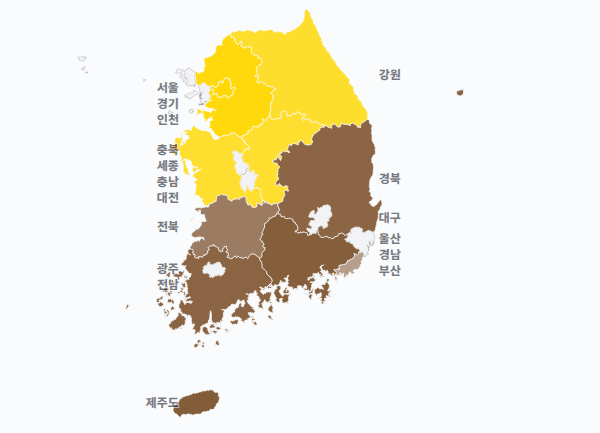 5대 대선 시도별 결과 · 지도 — 각 시·도 1위 후보 — 정당색·득표율.