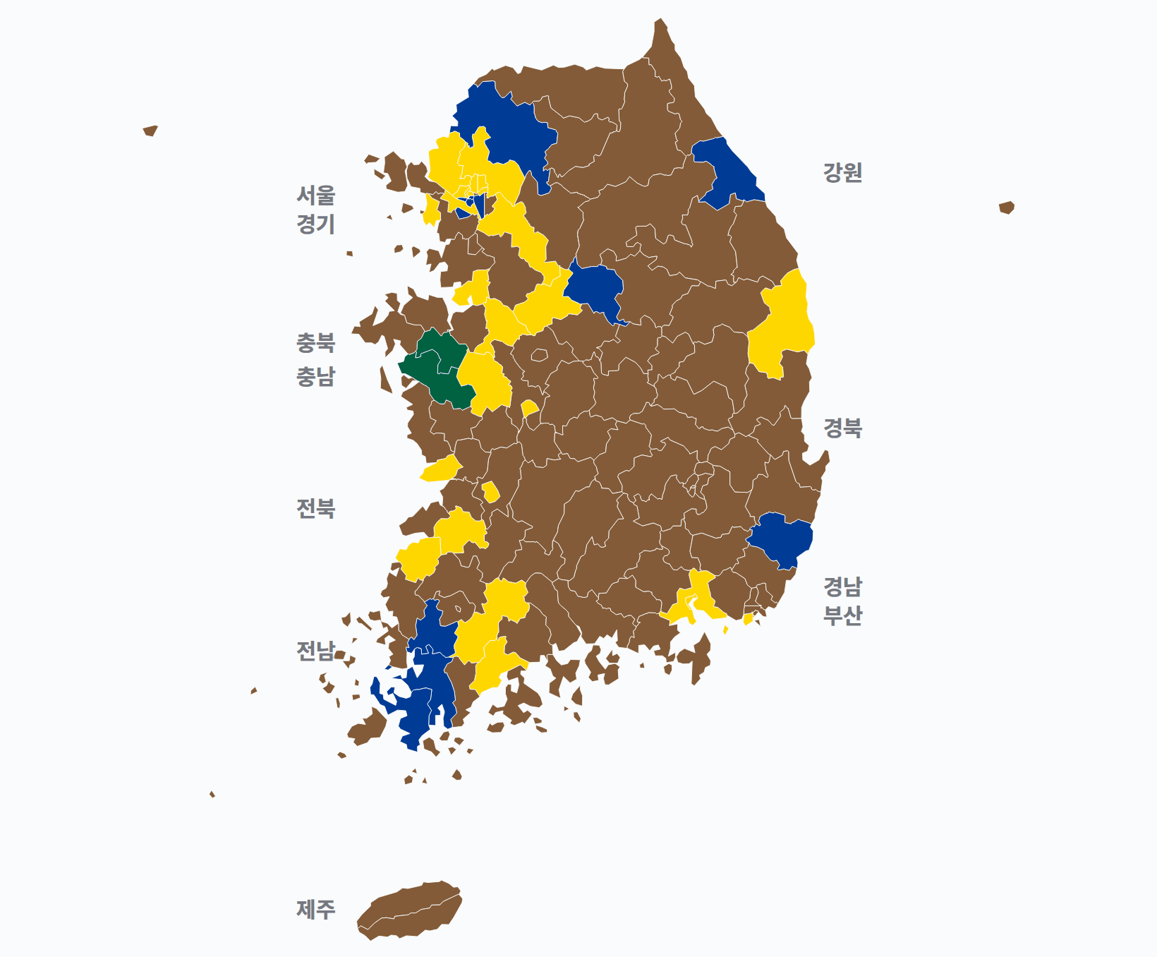 6대 총선 지역구 선거구별 1위 · 지도 — 선거구마다 당선자 정당색(승자독식). 균등=등면적 hex · 지도=실제 경계.