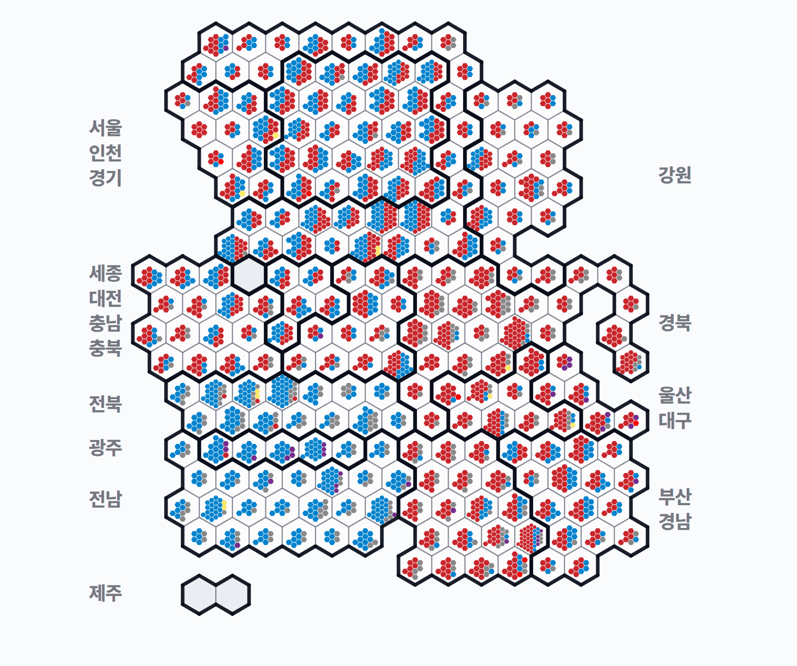 제6회 전국동시지방선거 시군구의회 의석 분포 — 시·군·구의회 의석(지역구+비례) — 칸 1개 = 1석, 색 = 정당.