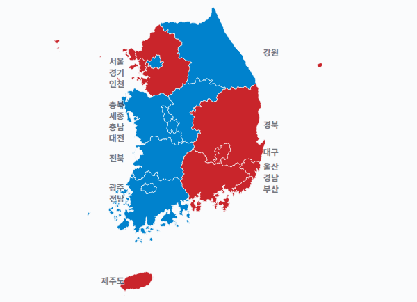 6회 지선 광역단체장 광역단체장 결과 · 지도 — 17개 시·도 — 1위 후보(정당색·득표율).