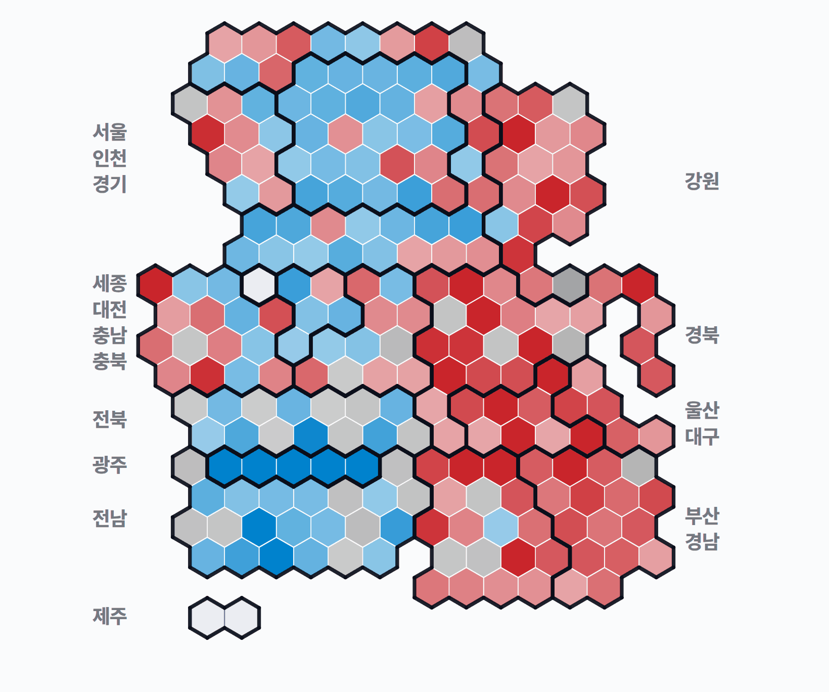제6회 전국동시지방선거 시·군·구 기초단체장 · 단색 — 1위 후보 정당색. 단색·지도=격차 명도, 격자·원형=표(인구) 비례.