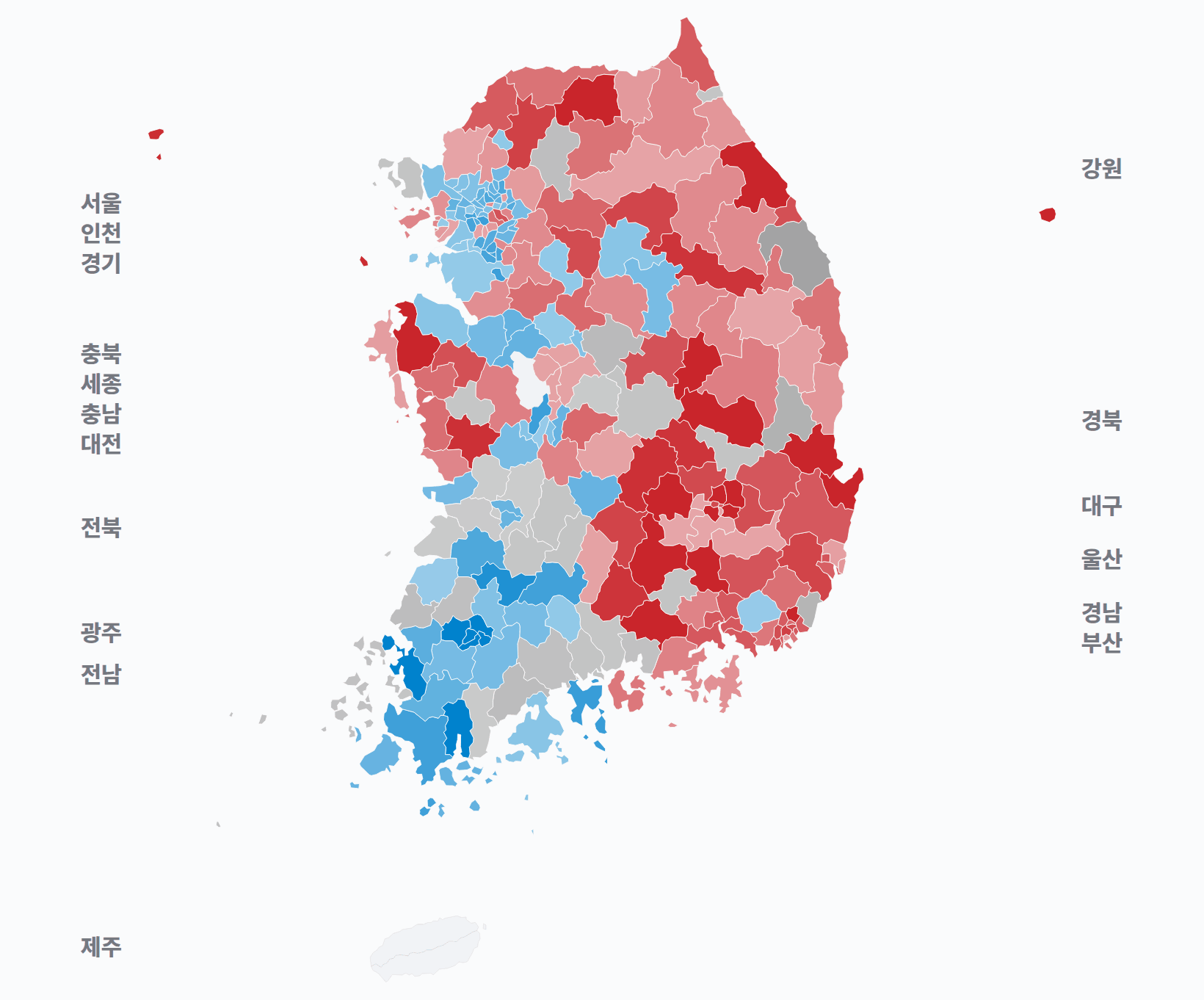 6회 지선 기초단체장 시·군·구 기초단체장 · 지도 — 1위 후보 정당색. 단색·지도=격차 명도, 격자·원형=표(인구) 비례.