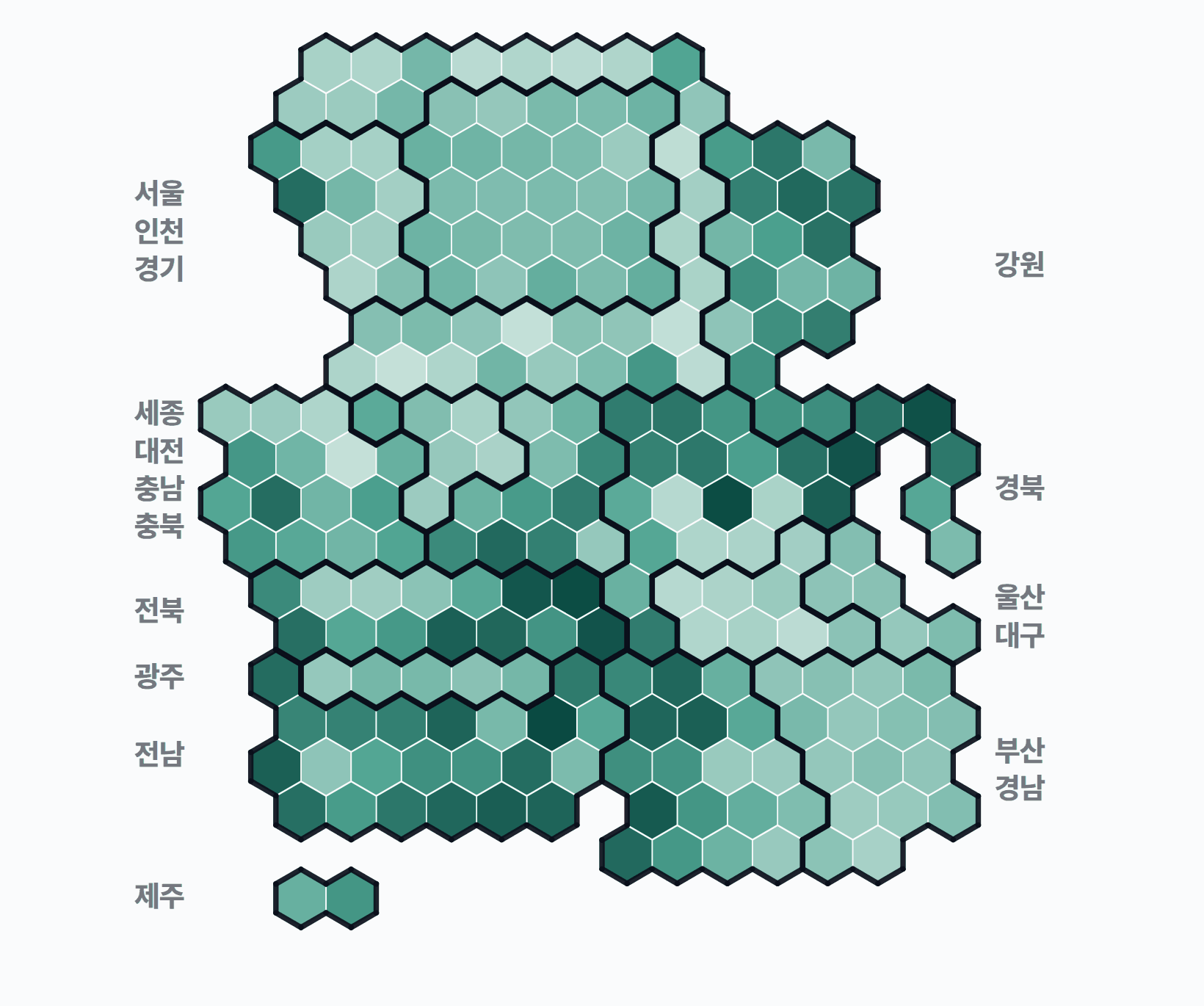 6회 지선 기초단체장 시군구 투표율 · 균등 — 시·군·구별 투표율(투표수/선거인수) — 짙을수록 높음. 균등=등면적 hex · 지도=실제 경계.