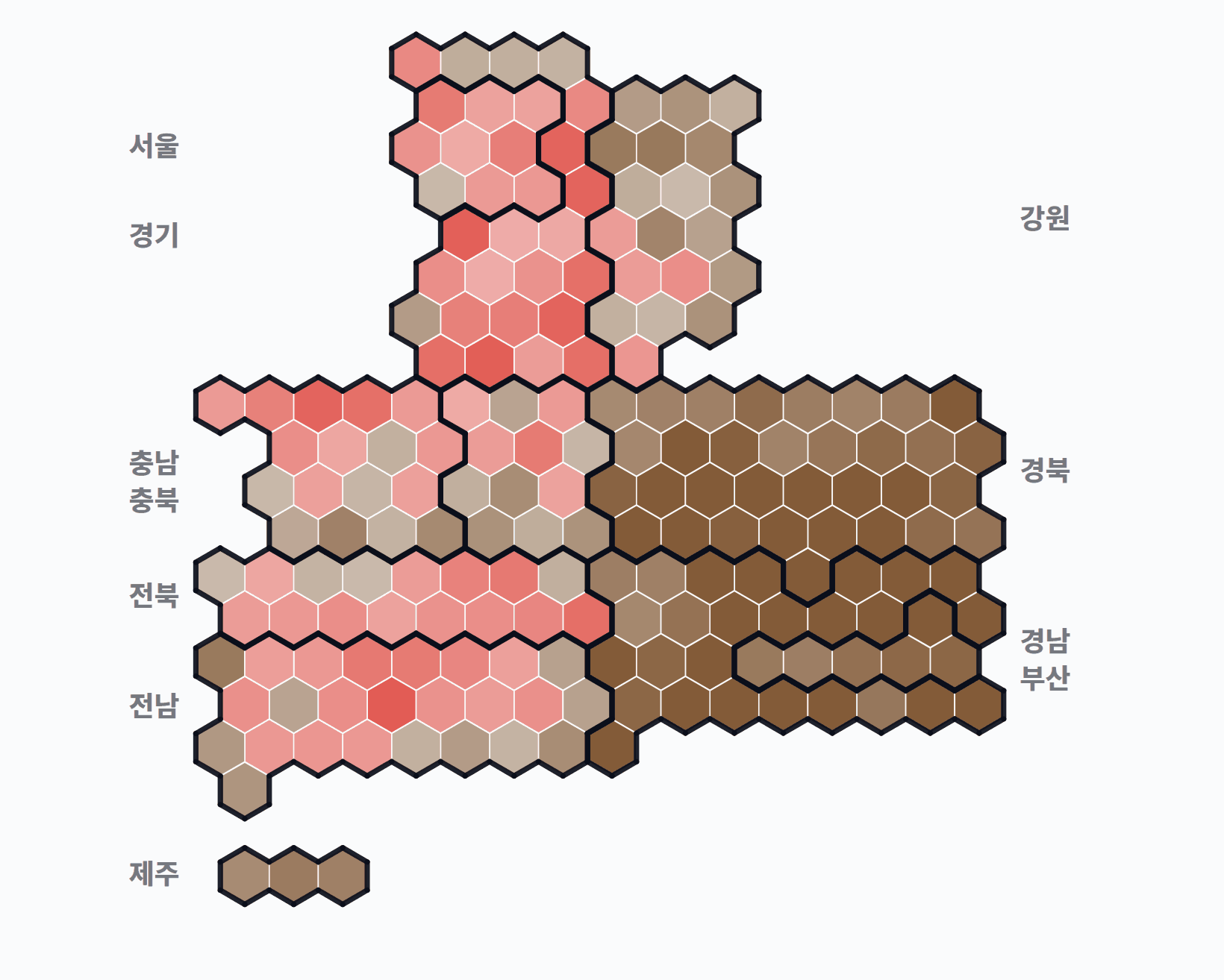 제6대 대통령선거 시·군·구 1위 후보 · 단색 — 1위 후보 정당색. 단색·지도=격차 명도, 격자·원형=표(인구) 비례.