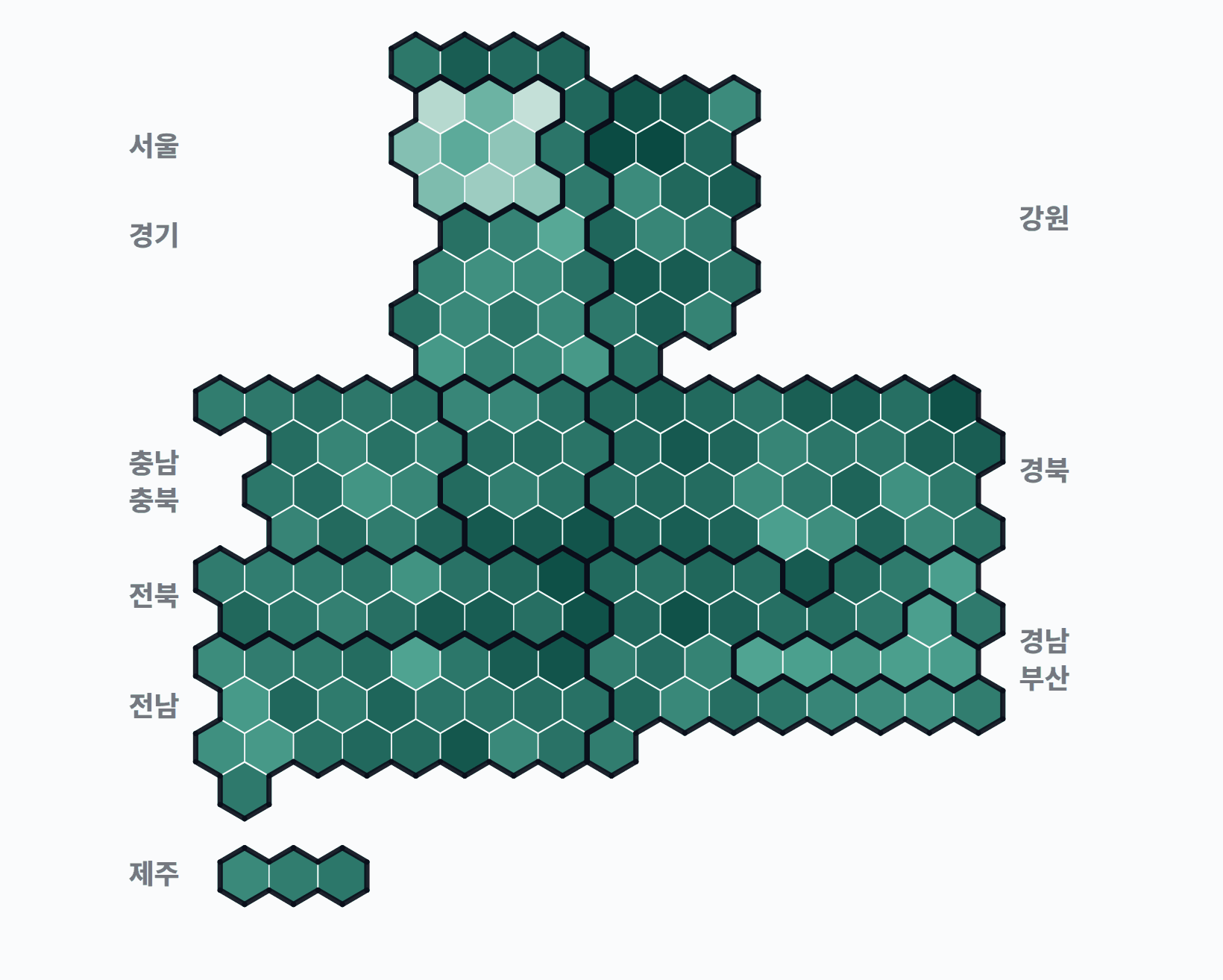 6대 대선 시군구 투표율 — 시·군·구별 투표율(투표수/선거인수) — 짙을수록 높음. 균등=등면적 hex · 지도=실제 경계.