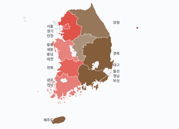 6대 대선 시도별 결과 · 지도 — 각 시·도 1위 후보 — 정당색·득표율.