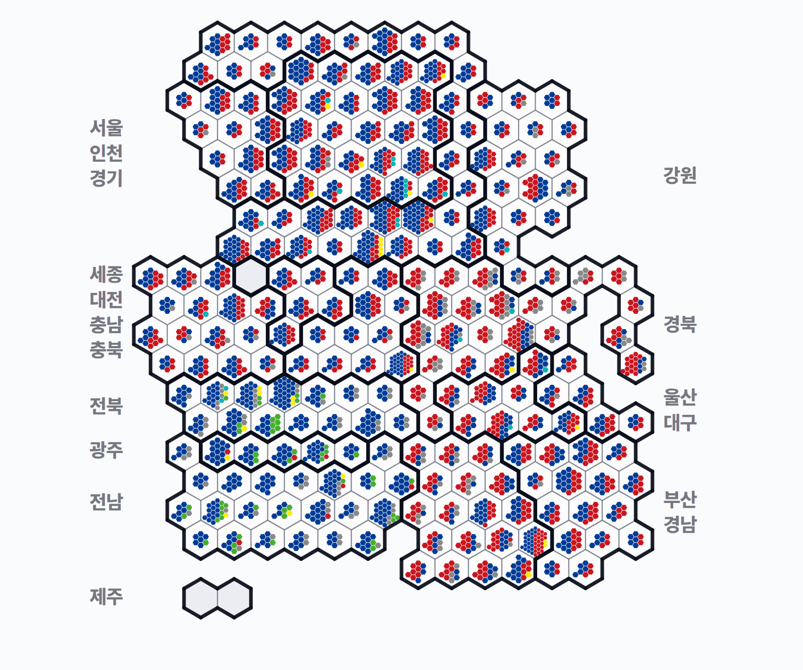 제7회 전국동시지방선거 시군구의회 의석 분포 — 시·군·구의회 의석(지역구+비례) — 칸 1개 = 1석, 색 = 정당.