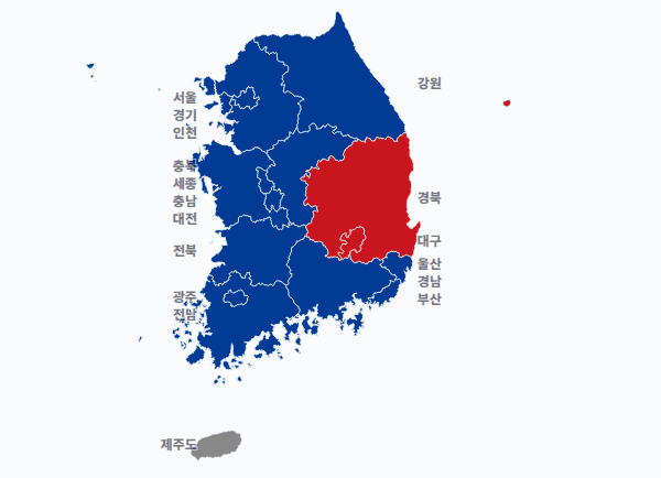 7회 지선 광역단체장 광역단체장 결과 · 지도 — 17개 시·도 — 1위 후보(정당색·득표율).