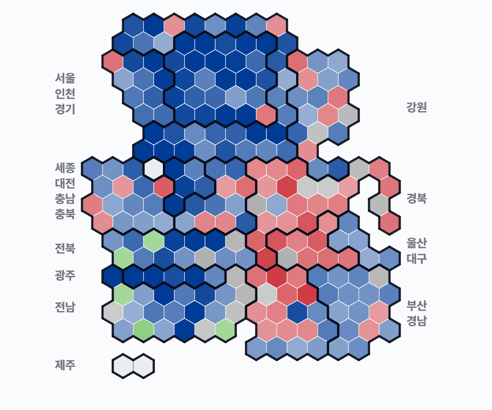 제7회 전국동시지방선거 시·군·구 기초단체장 · 단색 — 1위 후보 정당색. 단색·지도=격차 명도, 격자·원형=표(인구) 비례.