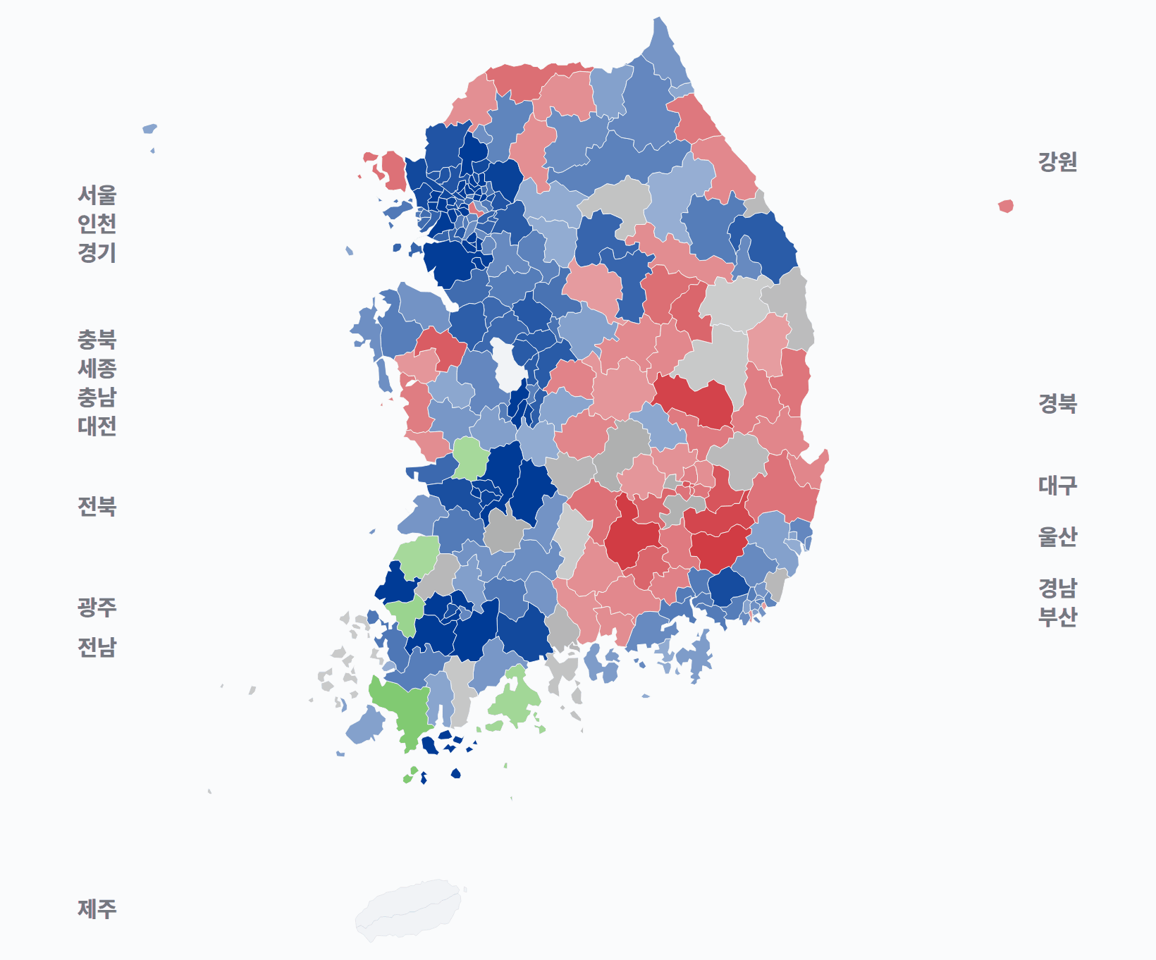 7회 지선 기초단체장 시·군·구 기초단체장 · 지도 — 1위 후보 정당색. 단색·지도=격차 명도, 격자·원형=표(인구) 비례.