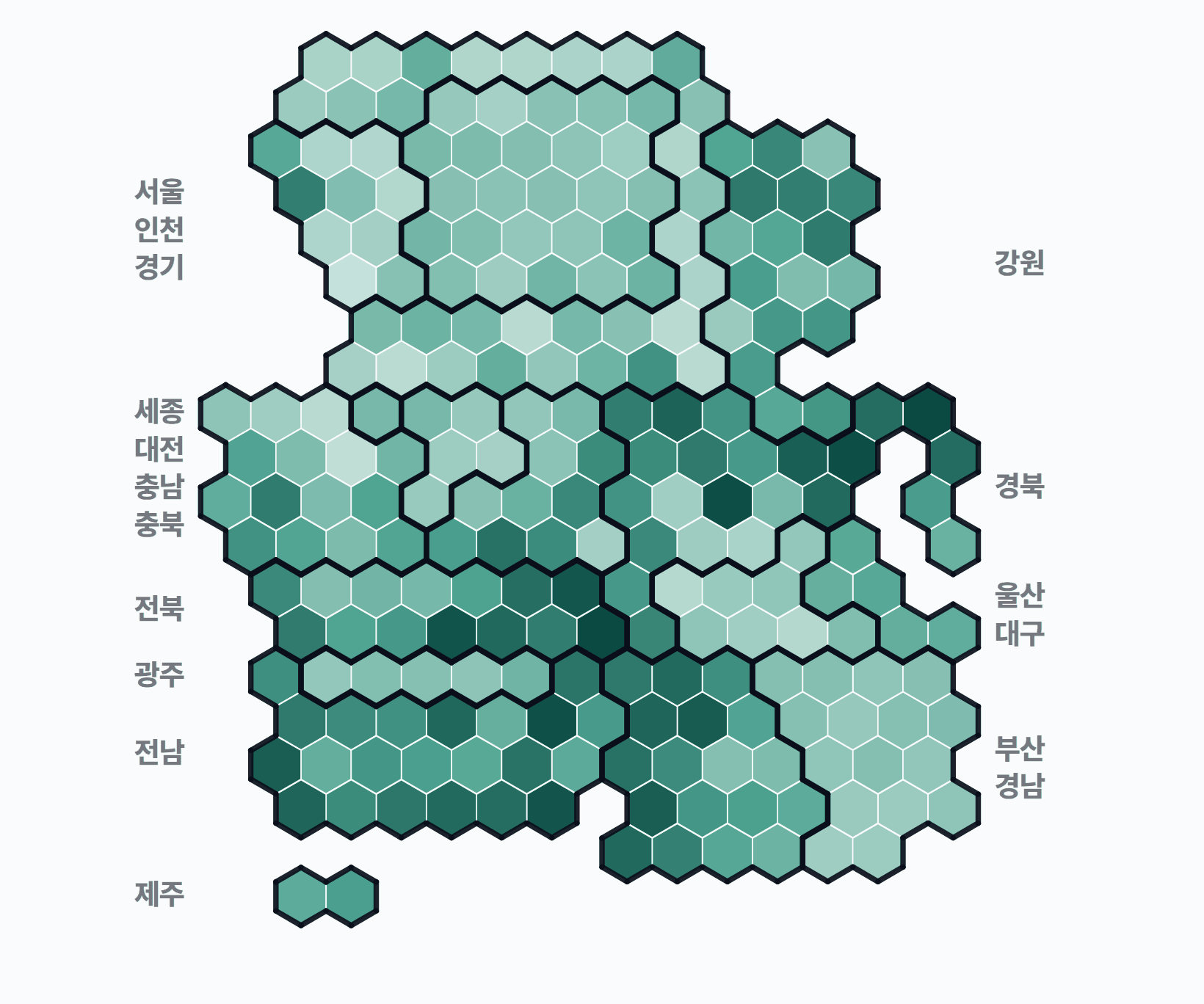 7회 지선 기초단체장 시군구 투표율 · 균등 — 시·군·구별 투표율(투표수/선거인수) — 짙을수록 높음. 균등=등면적 hex · 지도=실제 경계.