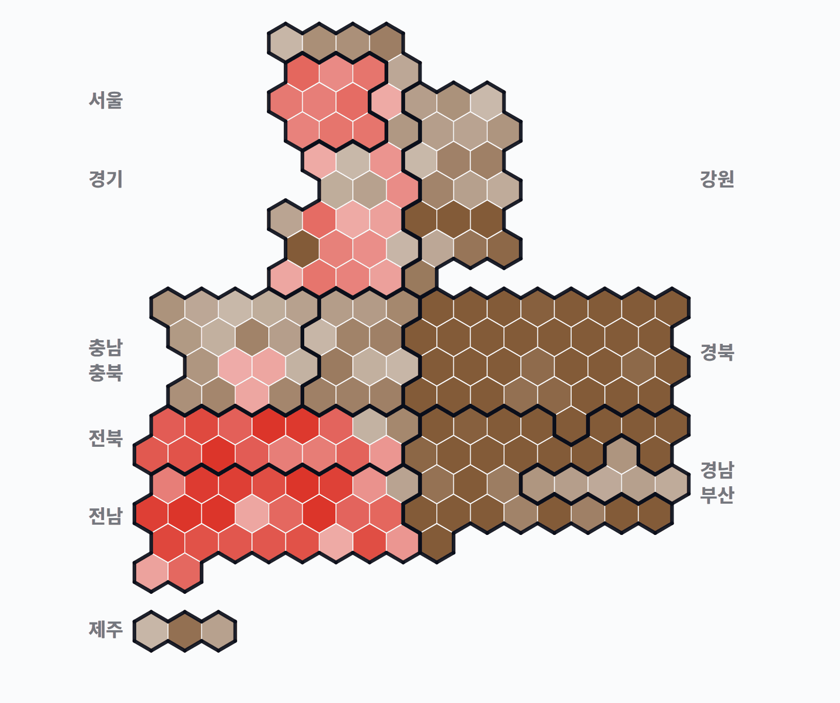 제7대 대통령선거 시·군·구 1위 후보 · 단색 — 1위 후보 정당색. 단색·지도=격차 명도, 격자·원형=표(인구) 비례.