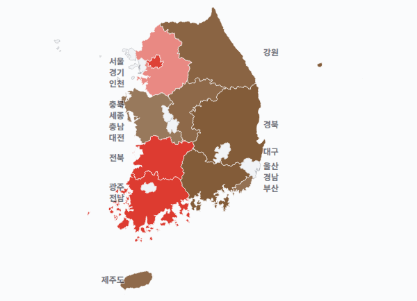 7대 대선 시도별 결과 · 지도 — 각 시·도 1위 후보 — 정당색·득표율.