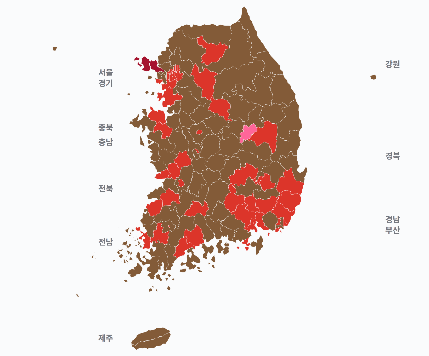 8대 총선 지역구 선거구별 1위 · 지도 — 선거구마다 당선자 정당색(승자독식). 균등=등면적 hex · 지도=실제 경계.