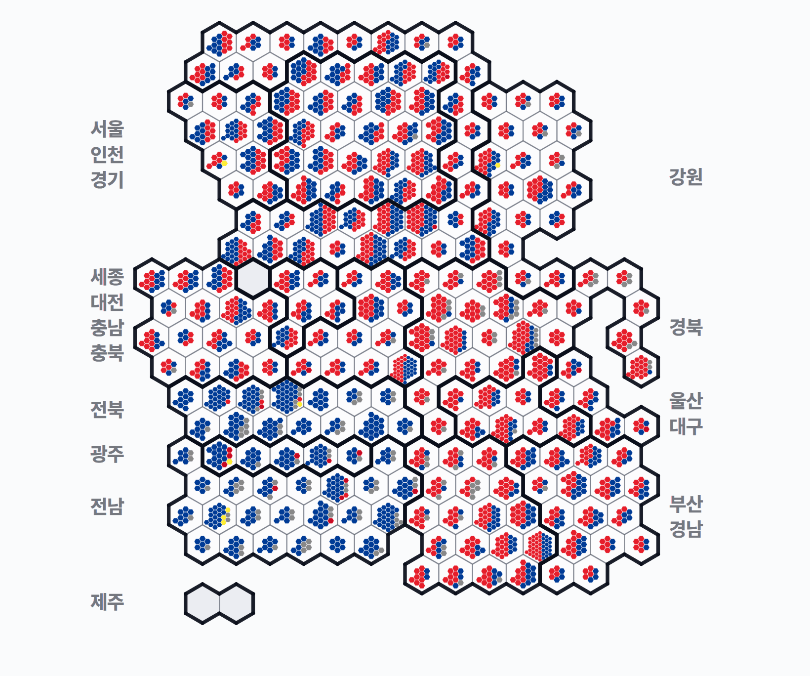 제8회 전국동시지방선거 시군구의회 의석 분포 — 시·군·구의회 의석(지역구+비례) — 칸 1개 = 1석, 색 = 정당.