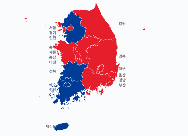 8회 지선 광역단체장 광역단체장 결과 · 지도 — 17개 시·도 — 1위 후보(정당색·득표율).