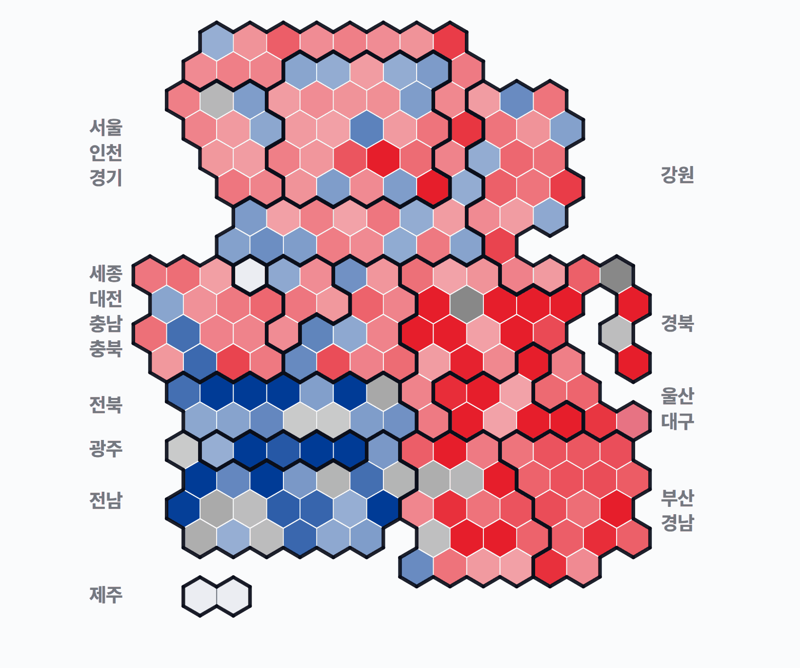 제8회 전국동시지방선거 시·군·구 기초단체장 · 단색 — 1위 후보 정당색. 단색·지도=격차 명도, 격자·원형=표(인구) 비례.