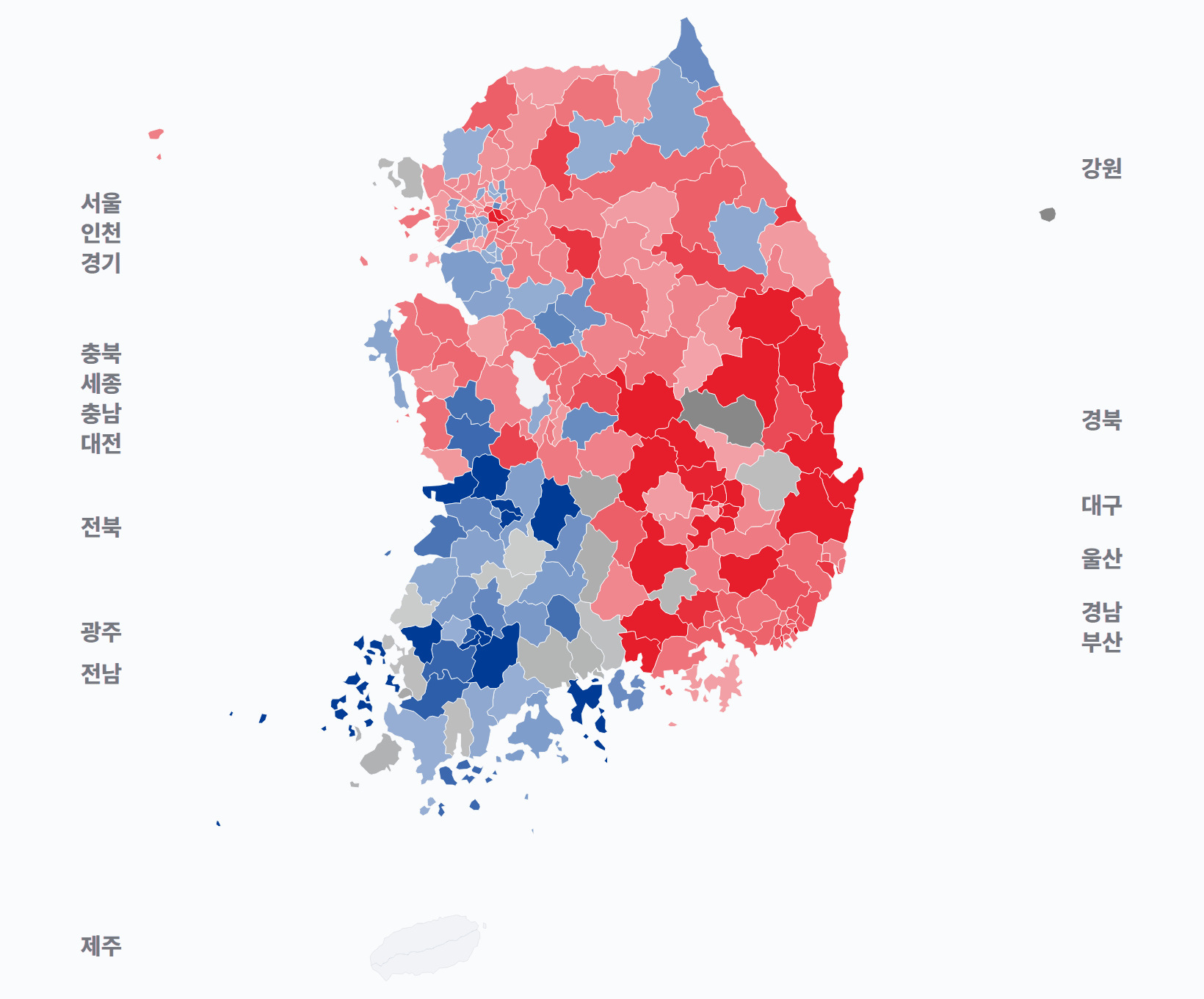 8회 지선 기초단체장 시·군·구 기초단체장 · 지도 — 1위 후보 정당색. 단색·지도=격차 명도, 격자·원형=표(인구) 비례.