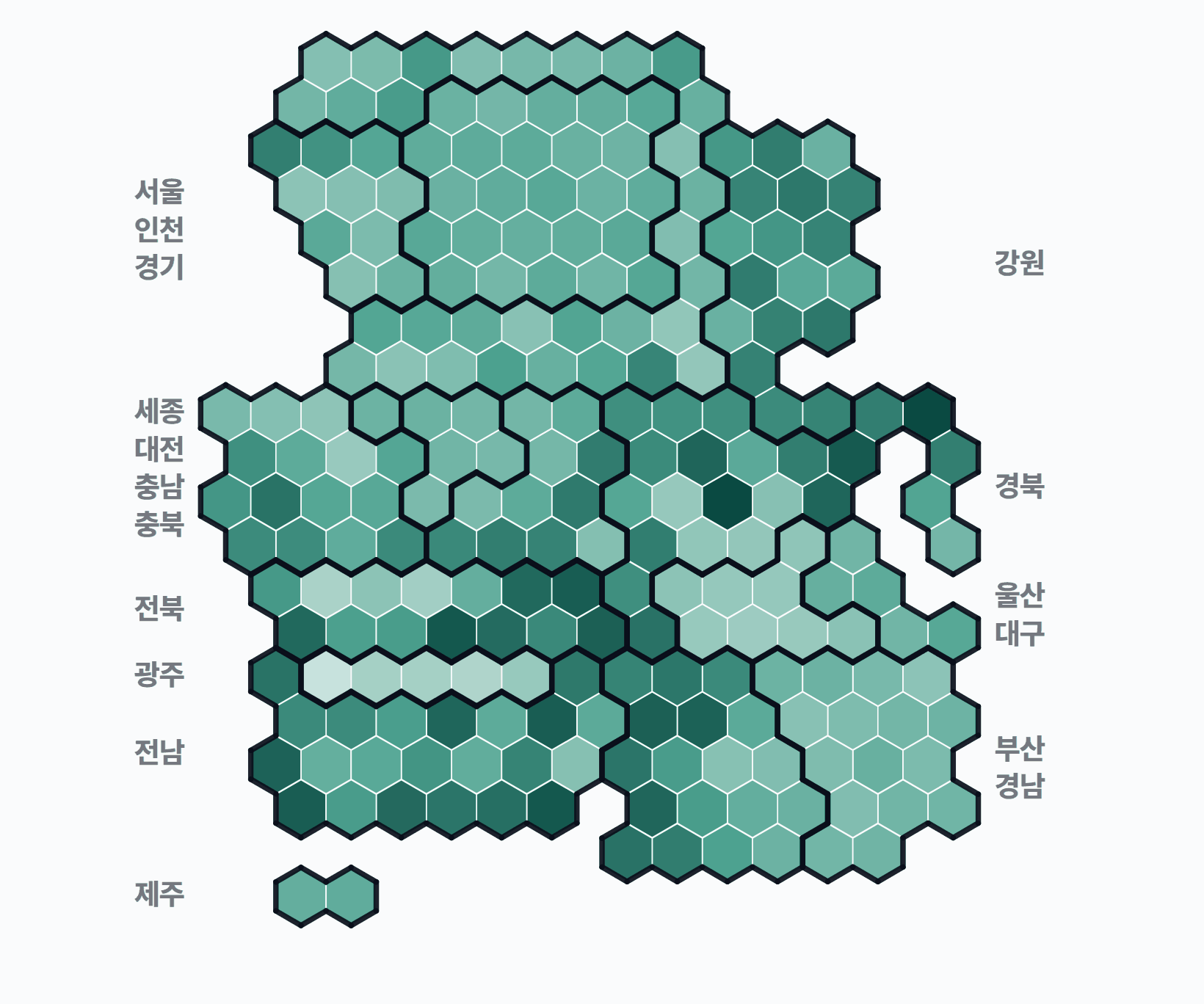 8회 지선 기초단체장 시군구 투표율 · 균등 — 시·군·구별 투표율(투표수/선거인수) — 짙을수록 높음. 균등=등면적 hex · 지도=실제 경계.