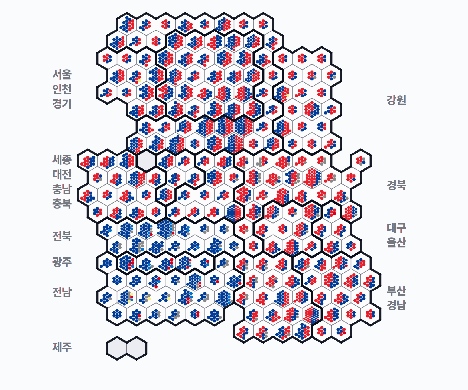 제9회 전국동시지방선거 시군구의회 의석 분포 — 시·군·구의회 의석(지역구+비례) — 칸 1개 = 1석, 색 = 정당.