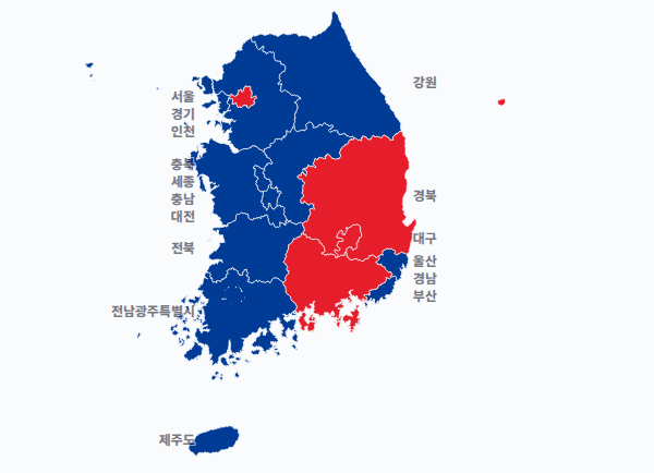 9회 지선 광역단체장 광역단체장 결과 · 지도 — 16개 시·도 — 1위 후보(정당색·득표율).