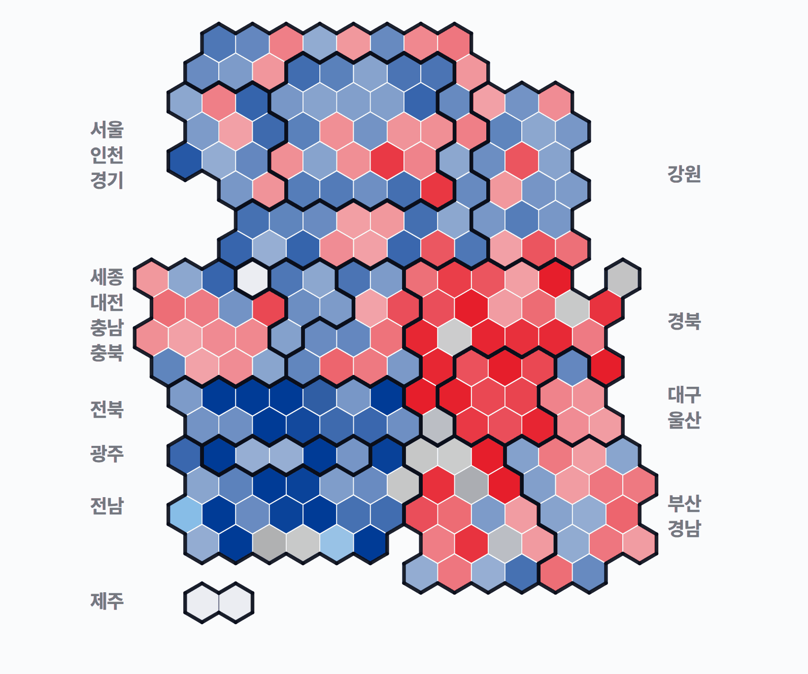 제9회 전국동시지방선거 시·군·구 기초단체장 · 단색 — 1위 후보 정당색. 단색·지도=격차 명도, 격자·원형=표(인구) 비례.