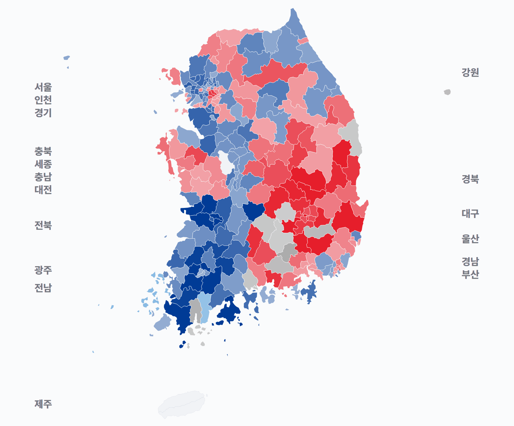 9회 지선 기초단체장 시·군·구 기초단체장 · 지도 — 1위 후보 정당색. 단색·지도=격차 명도, 격자·원형=표(인구) 비례.