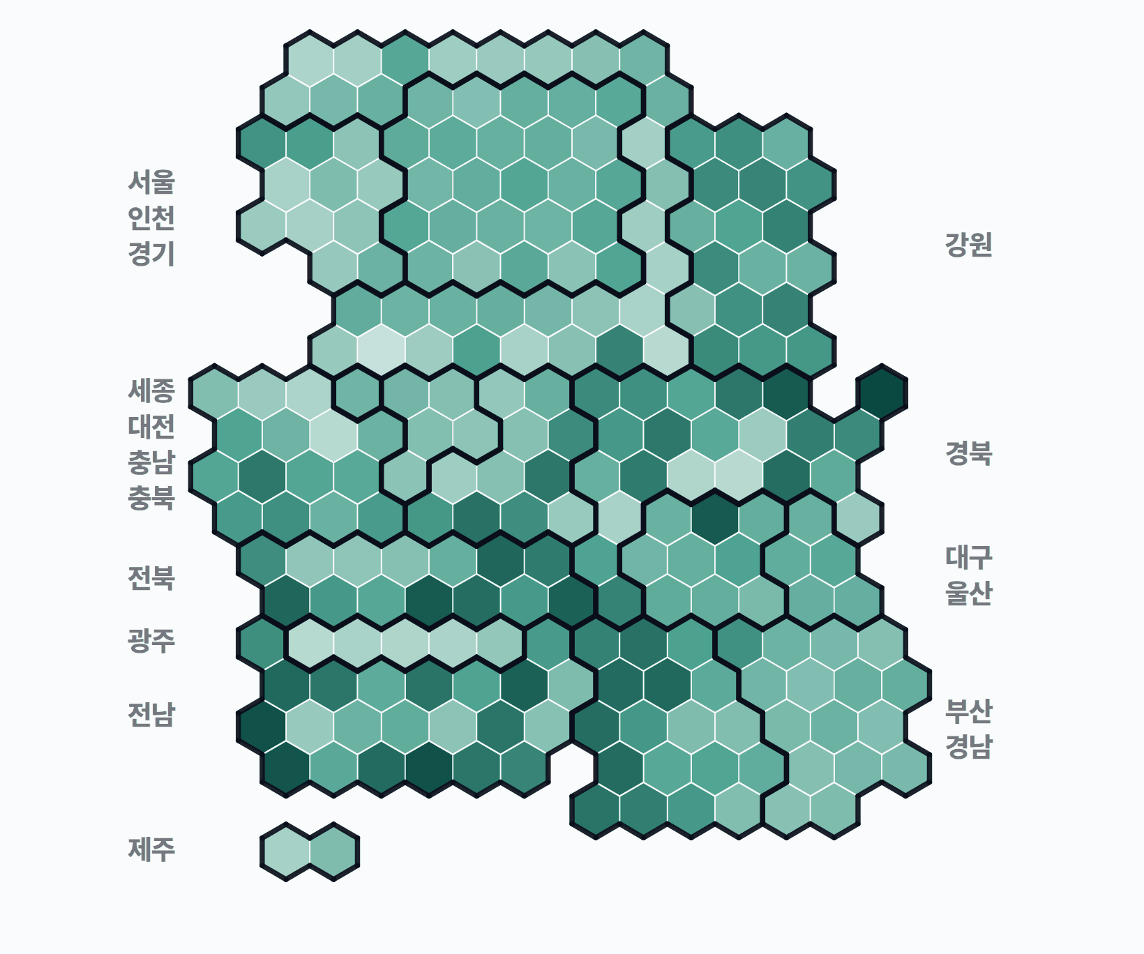 9회 지선 기초단체장 시군구 투표율 · 균등 — 시·군·구별 투표율(투표수/선거인수) — 짙을수록 높음. 균등=등면적 hex · 지도=실제 경계.